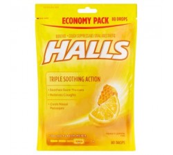 KẸO NGẬM HO KHAN CHANH MẬT ONG KHÔNG ĐƯỜNG HALLS - Halls Triple Soothing Action Cough Drop - BỊCH 70 VIÊN
